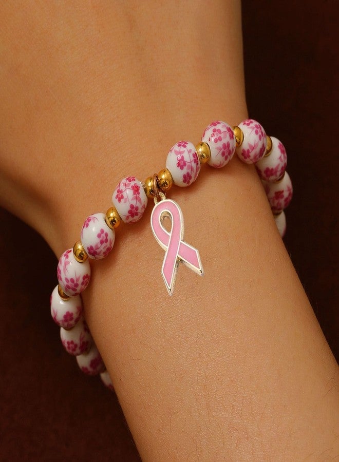 GLMOCM Breast Cancer Bracelets Pink Ribbon Charm Bracelets Flower Beaded Stretch Bracelets Cancer Awareness Accessories Care Gift (Pink) - Image 3